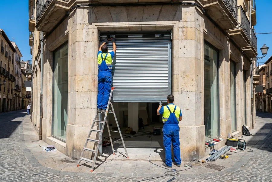Técnicos instalando cierre metálico de seguridad en fachada de comercio en Gavà