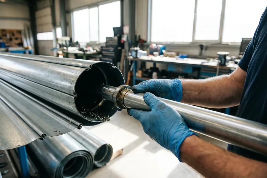 Motor tubular instalado en eje de persiana metálica comercial en Gavà