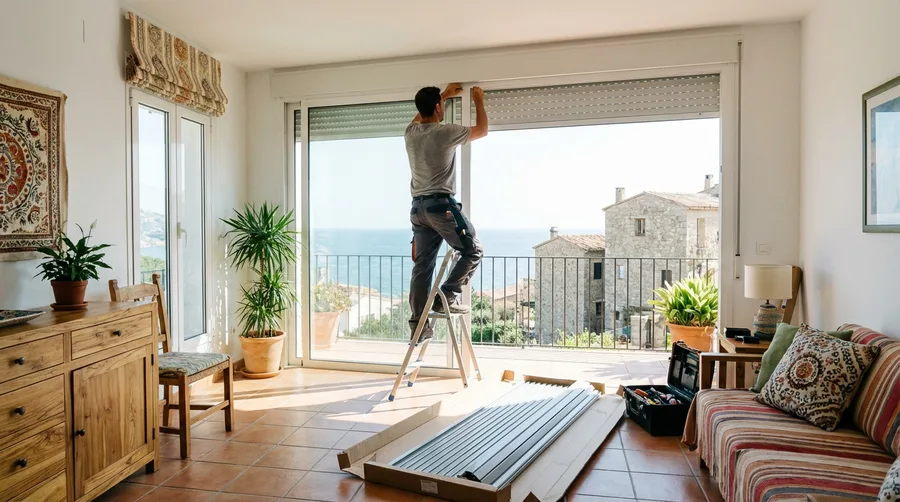 Instalador montando persiana nueva en ventana de piso